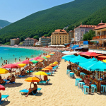 **Image Prompt:** Sunny Bulgarian Black Sea coast, golden sand beach, clear turquoise water, happy tourists relaxing under colorful umbrellas, vibrant beach bars, distant mountains, July afternoon, high season, realistic.