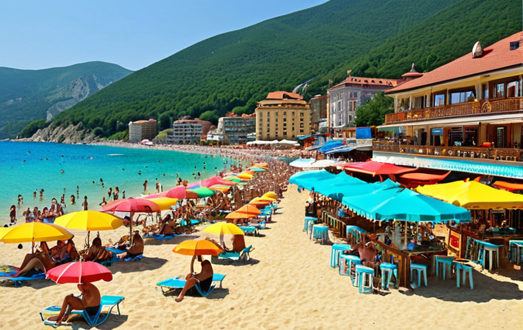 **Image Prompt:** Sunny Bulgarian Black Sea coast, golden sand beach, clear turquoise water, happy tourists relaxing under colorful umbrellas, vibrant beach bars, distant mountains, July afternoon, high season, realistic.
