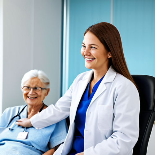 **

A professional female doctor in a modern, brightly lit clinic, wearing a clean white coat and stethoscope, smiling reassuringly. She is consulting with a fully clothed, friendly-looking elderly patient in a comfortable chair. The background includes medical equipment and a blurred view of other staff. Safe for work, appropriate content, fully clothed, professional medical setting, perfect anatomy, natural proportions, high quality.

**