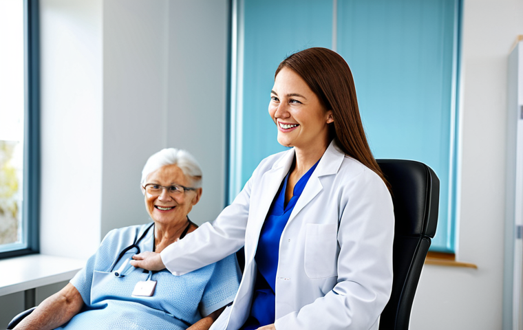 **

A professional female doctor in a modern, brightly lit clinic, wearing a clean white coat and stethoscope, smiling reassuringly. She is consulting with a fully clothed, friendly-looking elderly patient in a comfortable chair. The background includes medical equipment and a blurred view of other staff. Safe for work, appropriate content, fully clothed, professional medical setting, perfect anatomy, natural proportions, high quality.

**