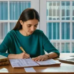 Home 22 불가리아 이민 및 거주 - **Prompt:** A hopeful young woman, in her late 20s to early 30s, sits at a polished wooden desk, ear...