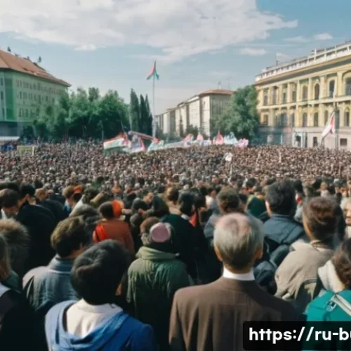 Home 32 불가리아 민주화 과정 - A vivid scene of a late 1980s Bulgarian city street during the transition to democracy, showing dive...