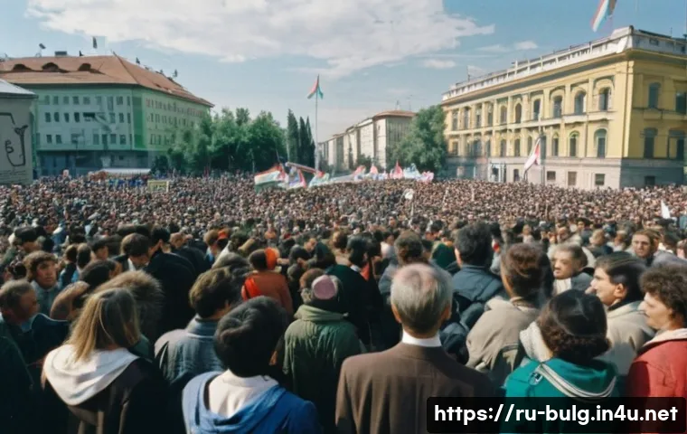 불가리아 민주화 과정 - A vivid scene of a late 1980s Bulgarian city street during the transition to democracy, showing dive...
