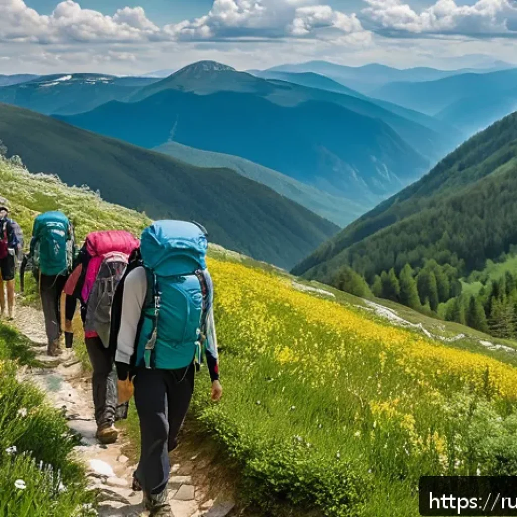 불가리아 로도피 산맥 트레킹 - A serene spring mountain hiking scene in the Rhodope Mountains, featuring fresh green foliage and bl...