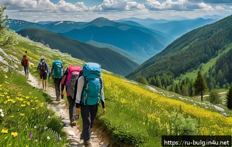 불가리아 로도피 산맥 트레킹 - A serene spring mountain hiking scene in the Rhodope Mountains, featuring fresh green foliage and bl...