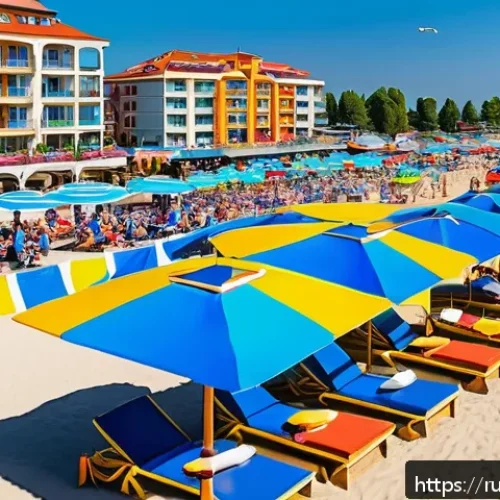 Home 30 불가리아 여행 준비 - A vibrant scene of Sunny Beach resort in Bulgaria during summer, featuring families enjoying the san...