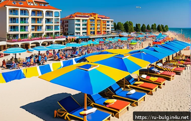 불가리아 여행 준비 - A vibrant scene of Sunny Beach resort in Bulgaria during summer, featuring families enjoying the san...
